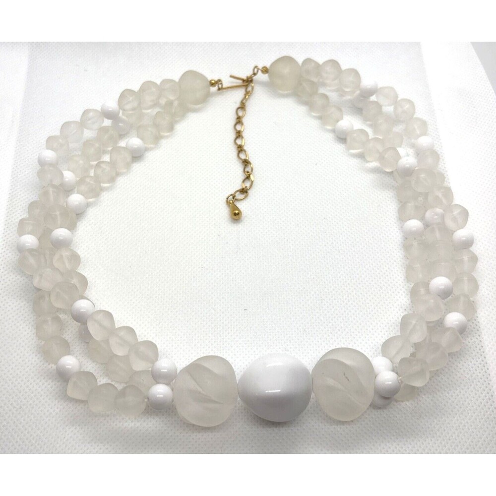 Vintage Style Frosted Clear White‎ Plastic Beaded 2 Strand Tiered 20'' Necklace